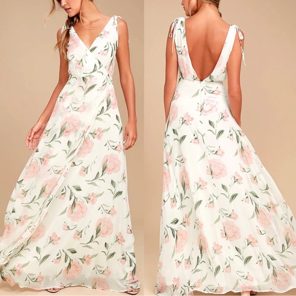 Lulus Romantic Possibilities maxi dress white floral gown pink flowers deep v xs